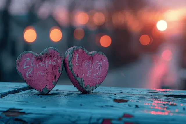Two weathered wooden hearts with peeling pink paint on blue board at sunset bokeh