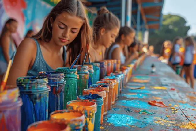 Young artists paint at an outdoor summer camp table filled with colorful paint jars and brushes.