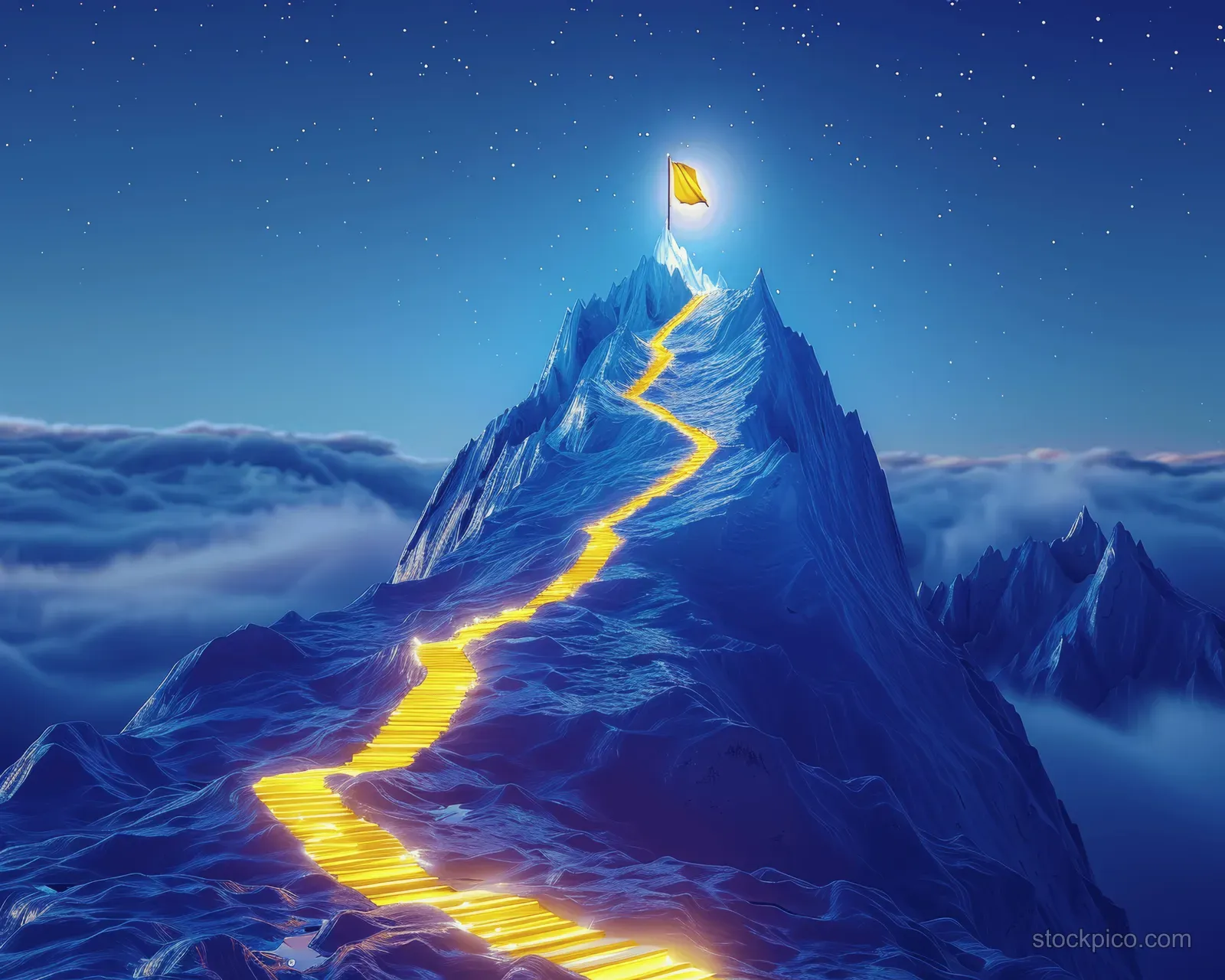 A glowing yellow path winds up a blue 3D mountain to a yellow flag under starry night light.