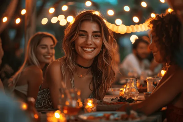 Smiling young woman at candlelit outdoor dinner party, string lights glowing behind friends