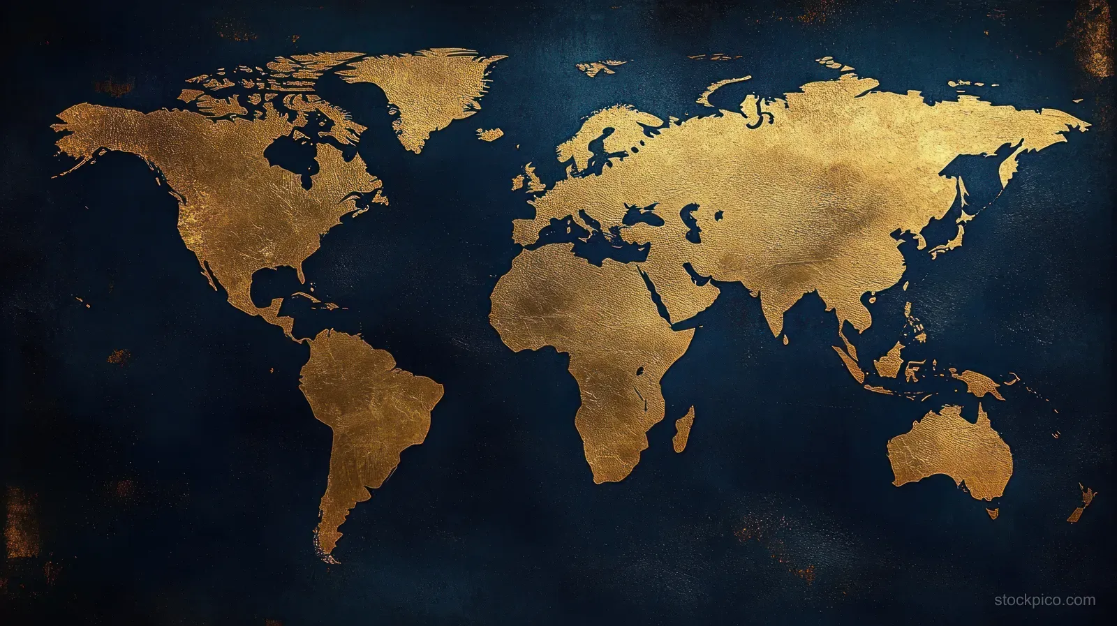 Gold textured world map continents displayed on a dark blue background with vintage patina.