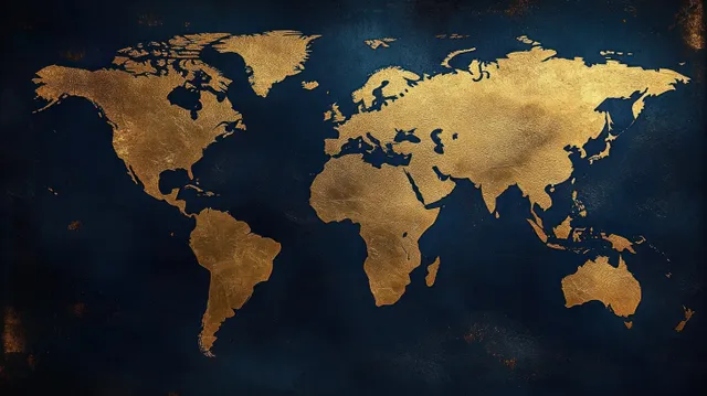 Gold textured world map continents displayed on a dark blue background with vintage patina.
