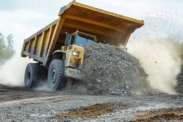 A yellow dump truck unloads gravel onto a dusty construction site, sending up a large dust cloud.
