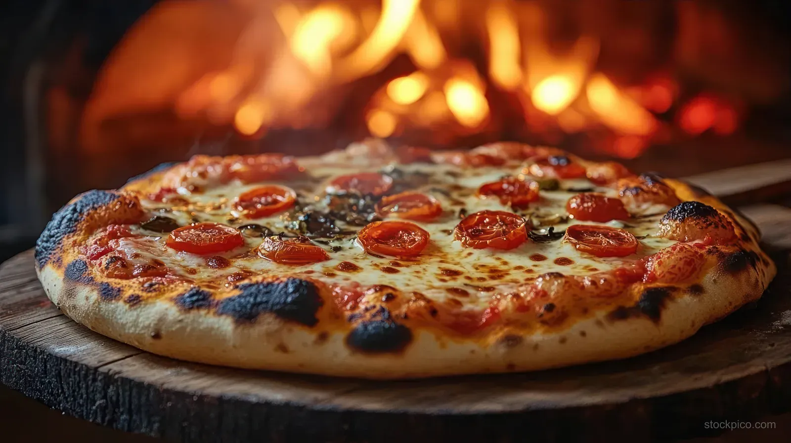 Wood-fired pizza with melted cheese and cherry tomatoes rests on a wooden board as a glowing oven fire blurs behind it.