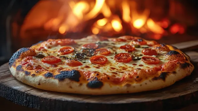 Wood-fired pizza fresh from oven on wooden board, melted cheese and cherry tomatoes visible