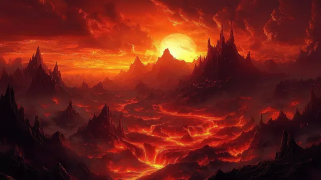 Molten lava rivers glow beneath jagged mountains under a blazing sunset and swirling dark clouds.