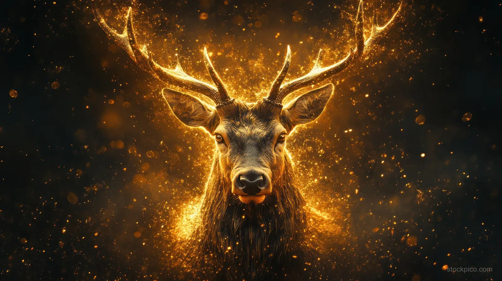 Golden deer head with glowing antlers surrounded by bright light fragments and geometric accents on a dark background.