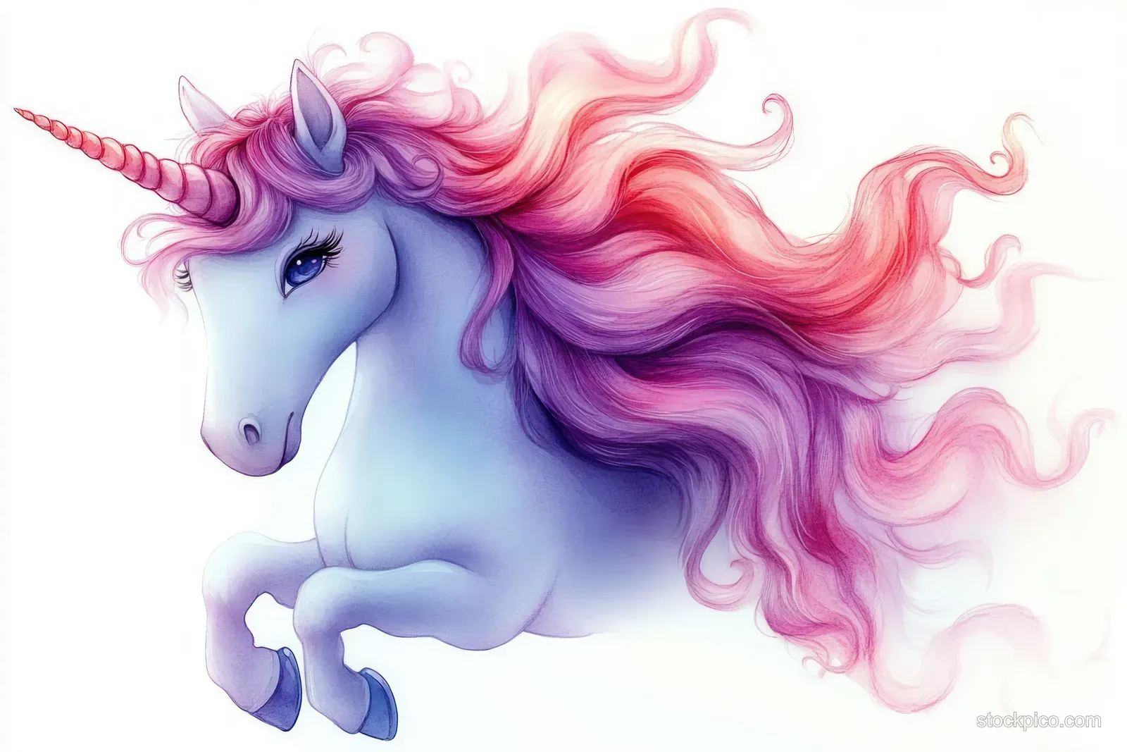 A unicorn rears on a soft pastel background with a spiral horn and flowing pink-purple mane.