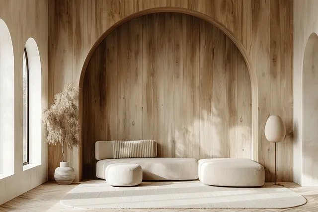 Minimalist lounge inside wooden arch alcove with beige cushions, floor lamp, and soft daylight