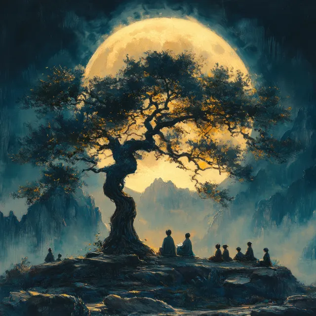 Elder sage reads to children under a vast tree beneath a glowing full moon