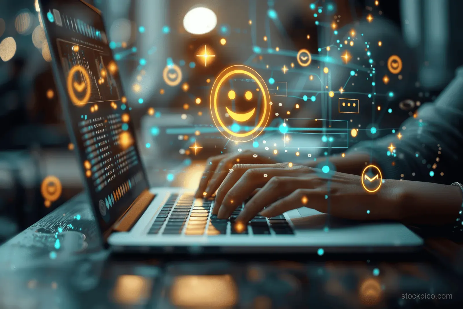 Hands type on a laptop as glowing star and feedback icons hover over the screen.