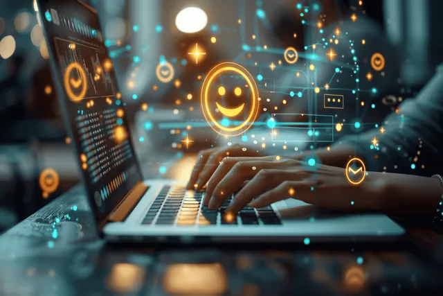 Hands typing on laptop sending online customer rating and feedback survey prompts