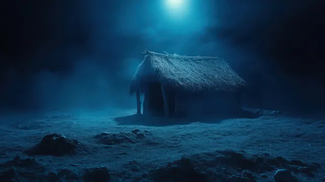 A small thatched hut stands alone in foggy blue moonlight, with rocky ground and misty shadows.
