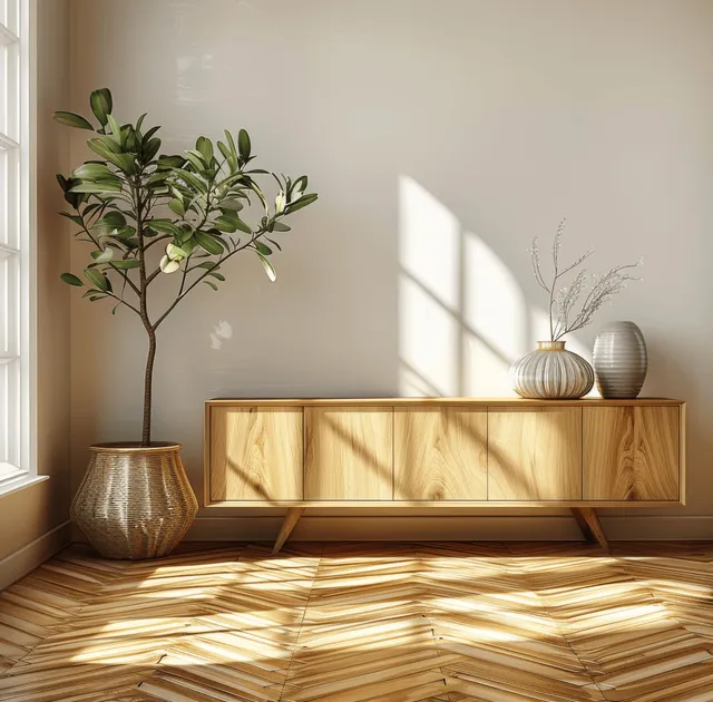 Sunlit coastal bedroom interior with wooden sideboard, parquet floor, and potted plant by the window.