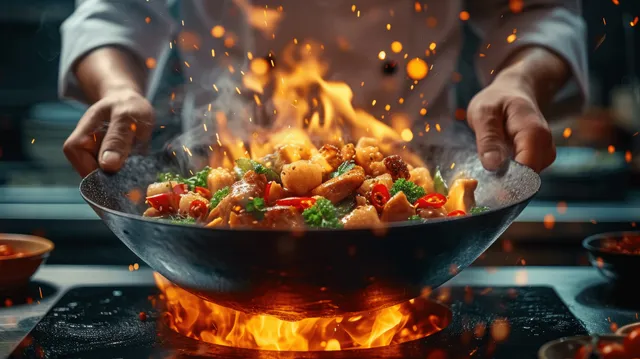 Male chef hands toss mixed vegetables and meat in a wok with visible flames in a restaurant kitchen.