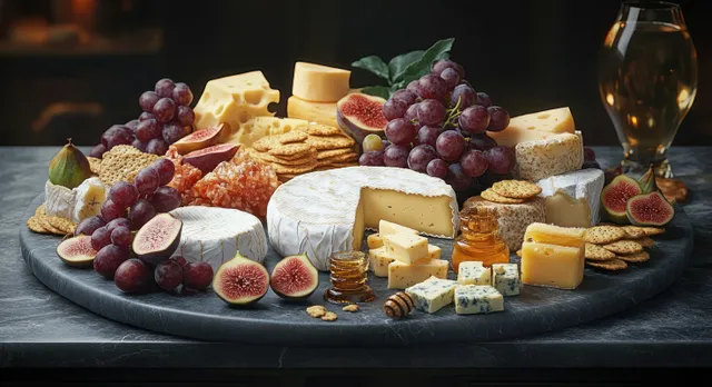 A gourmet cheese platter on dark stone topped with grapes, figs, crackers, and honey jars.
