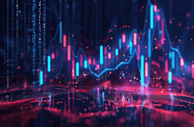 Futuristic stock market chart with rising price lines, glowing data points, and grid overlay