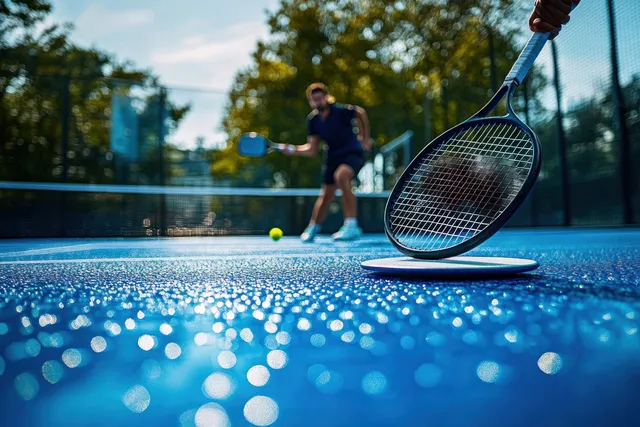Paddle tennis racket in the foreground as a player hits a ball on an outdoor court under bright sunlight.