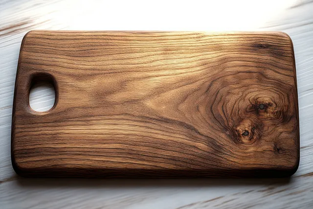 Walnut cutting board on light fabric, showing intricate grain and carved handle cutout