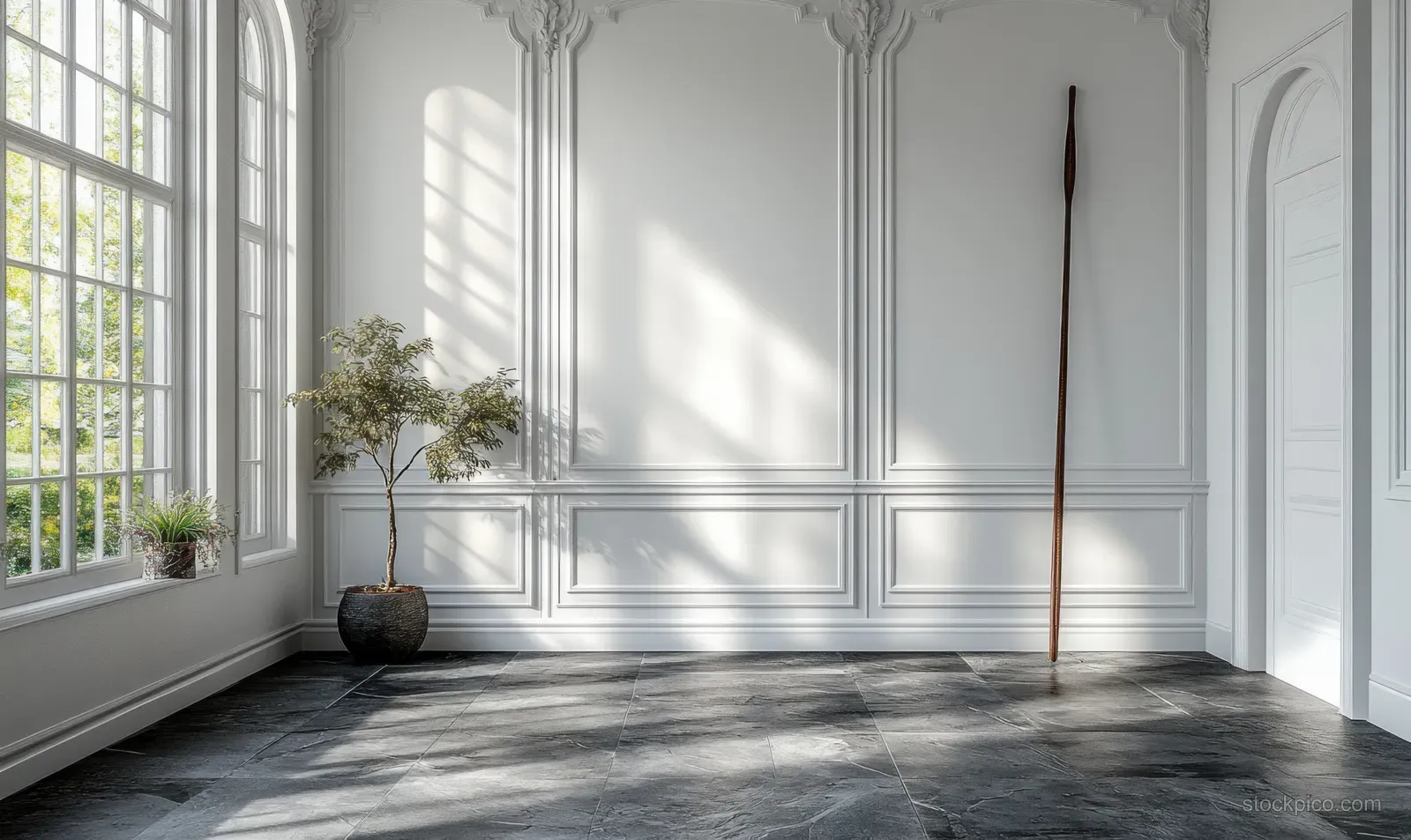 Minimal lounge interior with white paneled walls, dark stone floor, and sunlight shadows from tall windows.