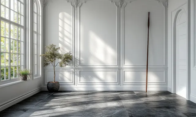 Minimal lounge interior with white paneled walls, dark stone floor, and sunlight shadows from tall windows.