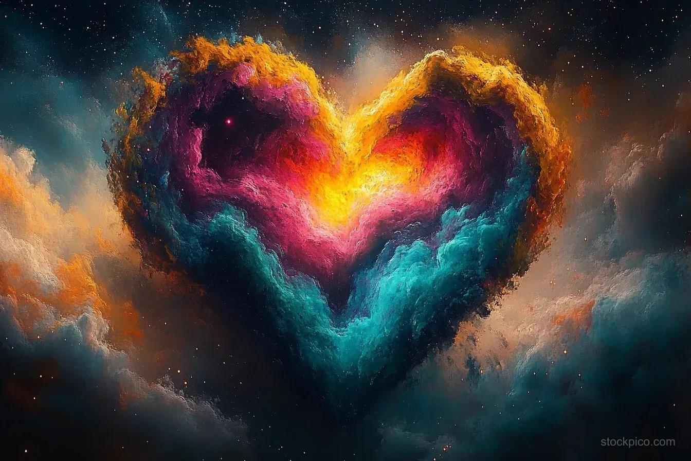 A heart-shaped cosmic nebula glows with orange, pink, purple, and blue colors amid scattered stars.