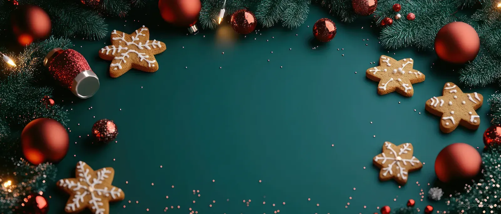Gingerbread star and snowflake cookies with red ornaments and pine greenery around a dark teal festive background.