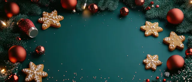 Gingerbread cookies and ornaments arranged on dark teal festive background with warm lights