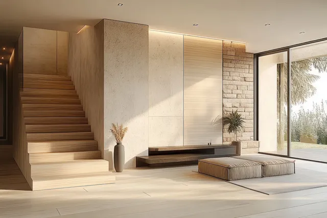 Minimalist wooden entry hallway with a staircase, warm ceiling lights, and a bench along light stone walls.