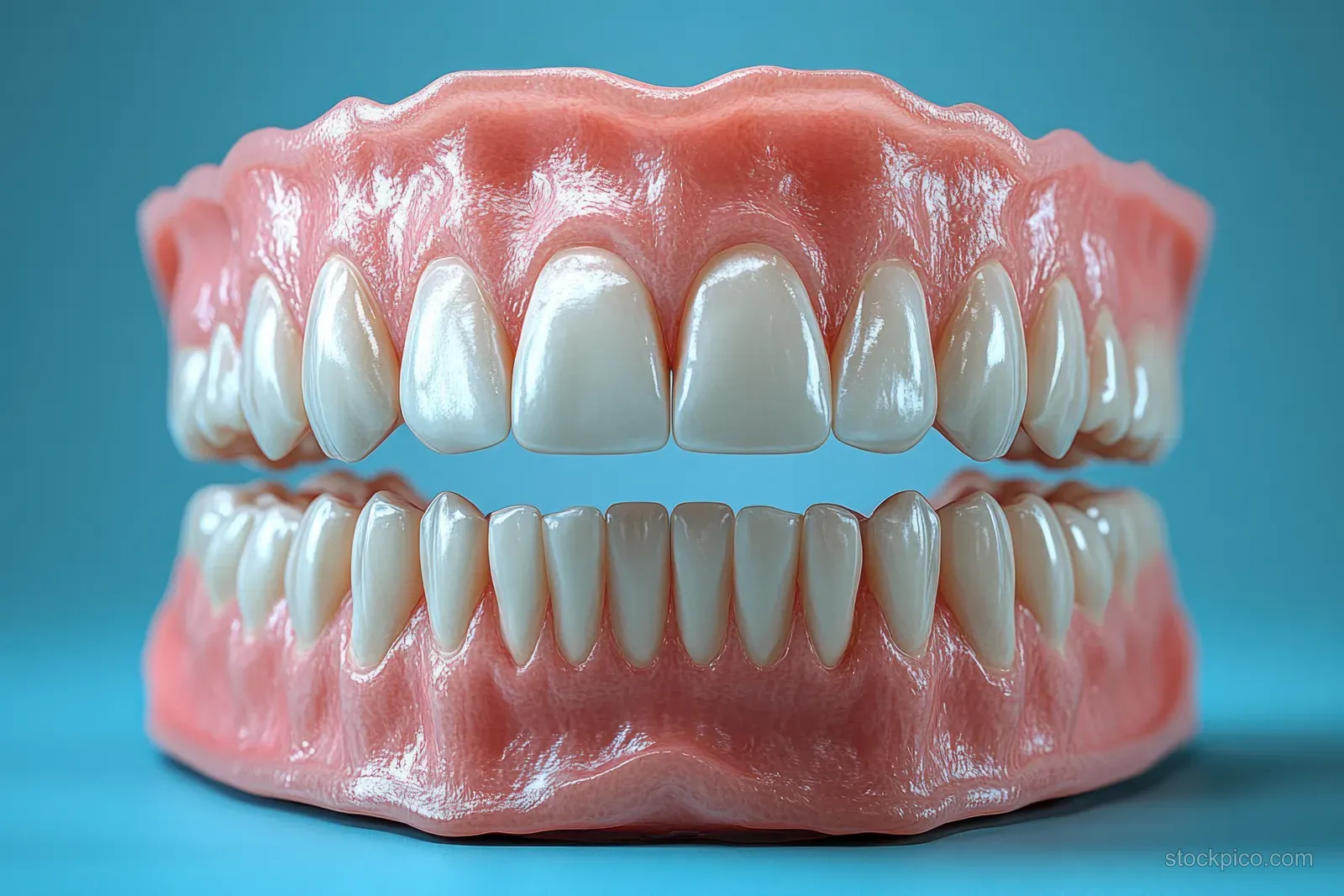 A hyper-real dental model displays healthy teeth and gums with bright whitening and cleaning highlights.