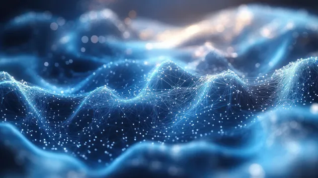 Blue glowing network dots and connecting lines form a web pattern over misty flowing water background.