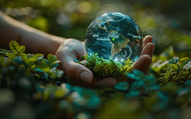 Hands hold an Earth globe above green leaves with sustainability and recycling icons.