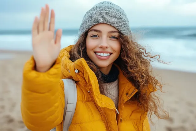 A smiling woman in a yellow jacket and gray knit hat waves on a windy beach with ocean waves in the background.
