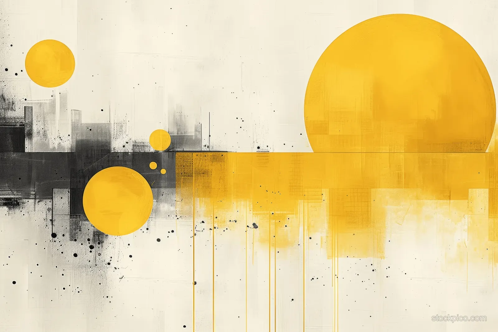 Yellow paint circles and drips overlay a grunge skyline silhouette on a white abstract background.