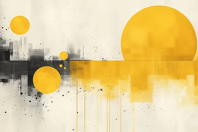 Yellow and white abstract geometric paint splashes with grunge city skyline silhouette