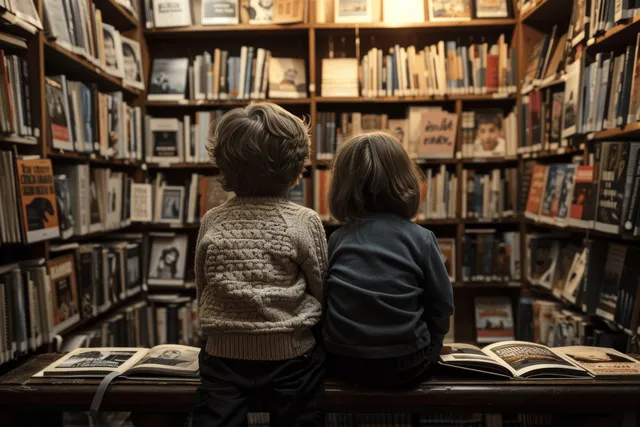 Two children facing shelves of books in a bookstore aisle, with open books on a display table.