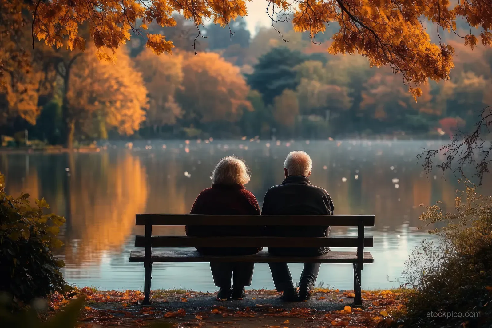 An elderly couple sits together on a bench beside a calm autumn lake with orange leaves and reflections.