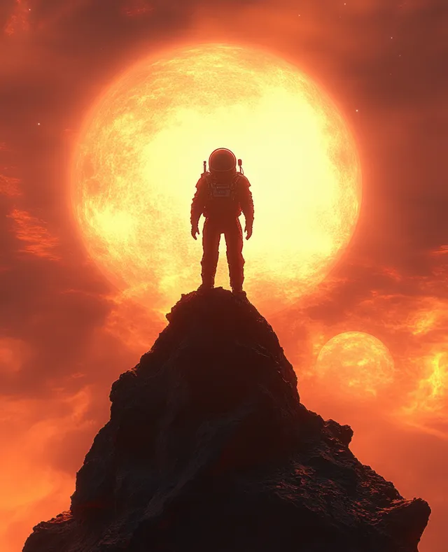 Astronaut silhouette standing on rocky peak under blazing orange sun and distant bright planet