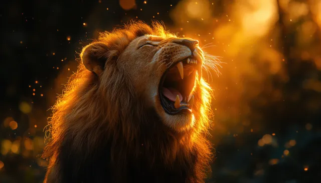 Roaring lion side profile in golden savanna light with flowing mane