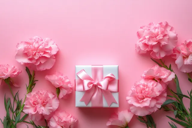 Pink carnations gift box with ribbon, framed by blooming petals on soft pink background