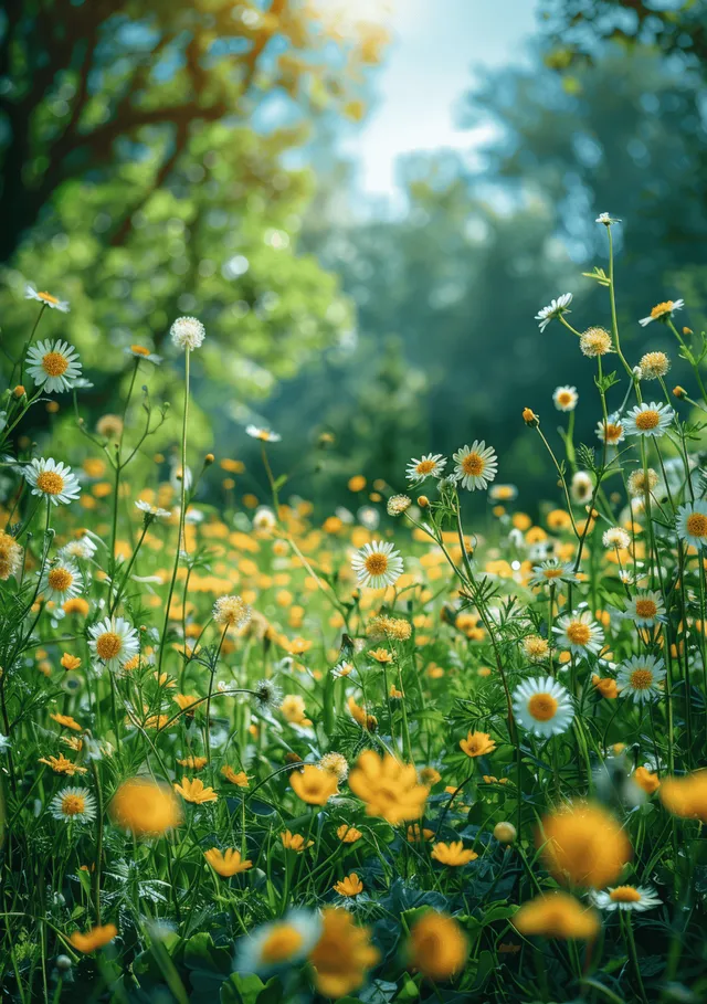 Dandelion meadow swaying in spring breeze with blurred green trees and bright blue sky