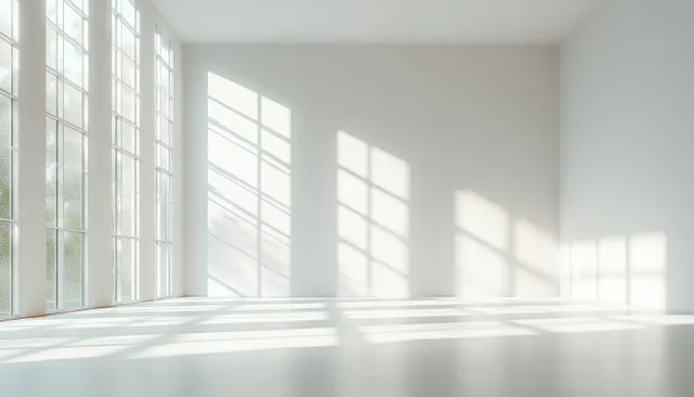 Minimalist white corridor with tall windows casting crisp daylight shadow bands across the floor.