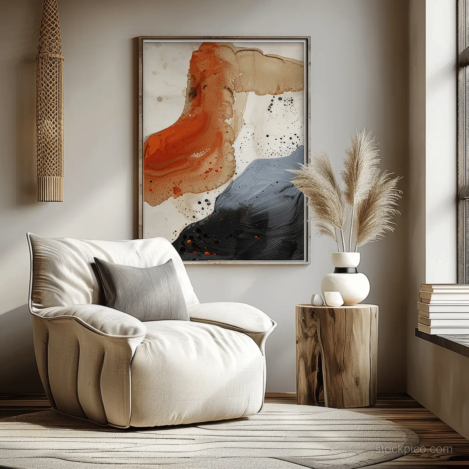 Beige armchair and wooden side table in a neutral living room with an abstract framed artwork and vase.