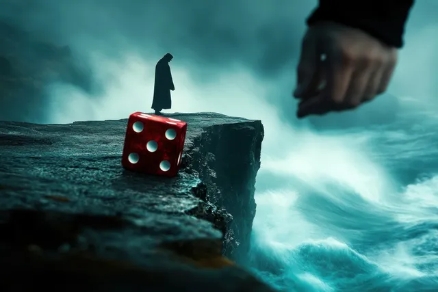 A cloaked figure stands beside a red die on a cliff as a large hand reaches over turbulent ocean waves.