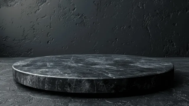 Black empty wooden table on dark studio floor with spotlight-ready stage