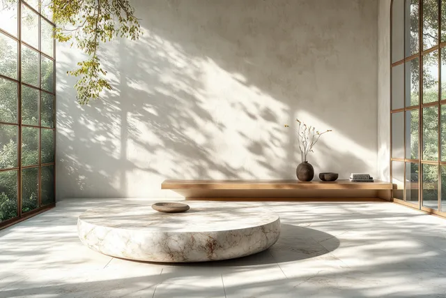 Round marble pedestal table in bright sunlight with soft leaf shadows on white wall