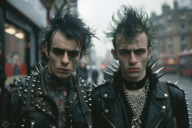 Two punk rockers with mohawks pose on a London street wearing studded leather jackets with metal spikes.