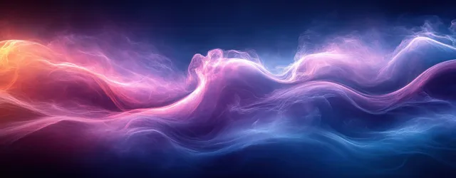 Violet and blue glowing waves flowing across an abstract dark business background