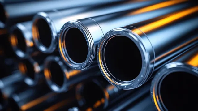 Close-up of reflective metallic pipes lined up with dark circular openings and dramatic blue lighting.