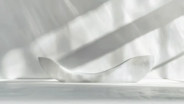 A smooth, abstract white stone sculpture rests on a light floor, illuminated by soft natural light and casting gentle shadows.